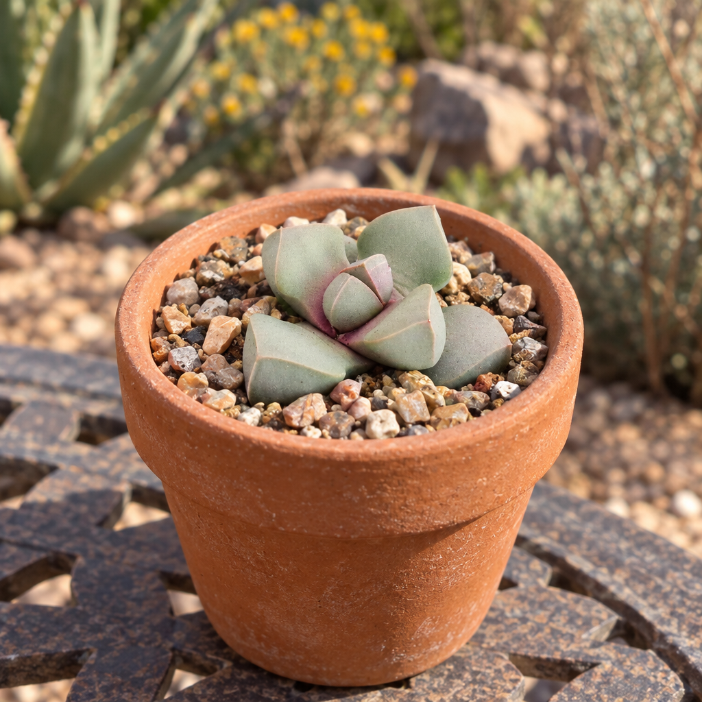 Karoo Split Rock Lapidaria margaretae in a terracotta pot on a patio table, decorative pot not included