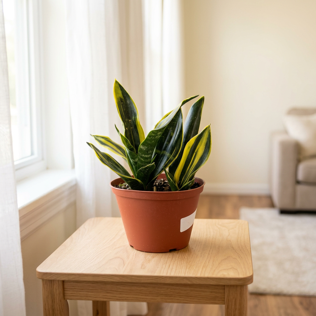 Gold Flame Snake Plant in its nursery pot on a side table near a bright indoor window