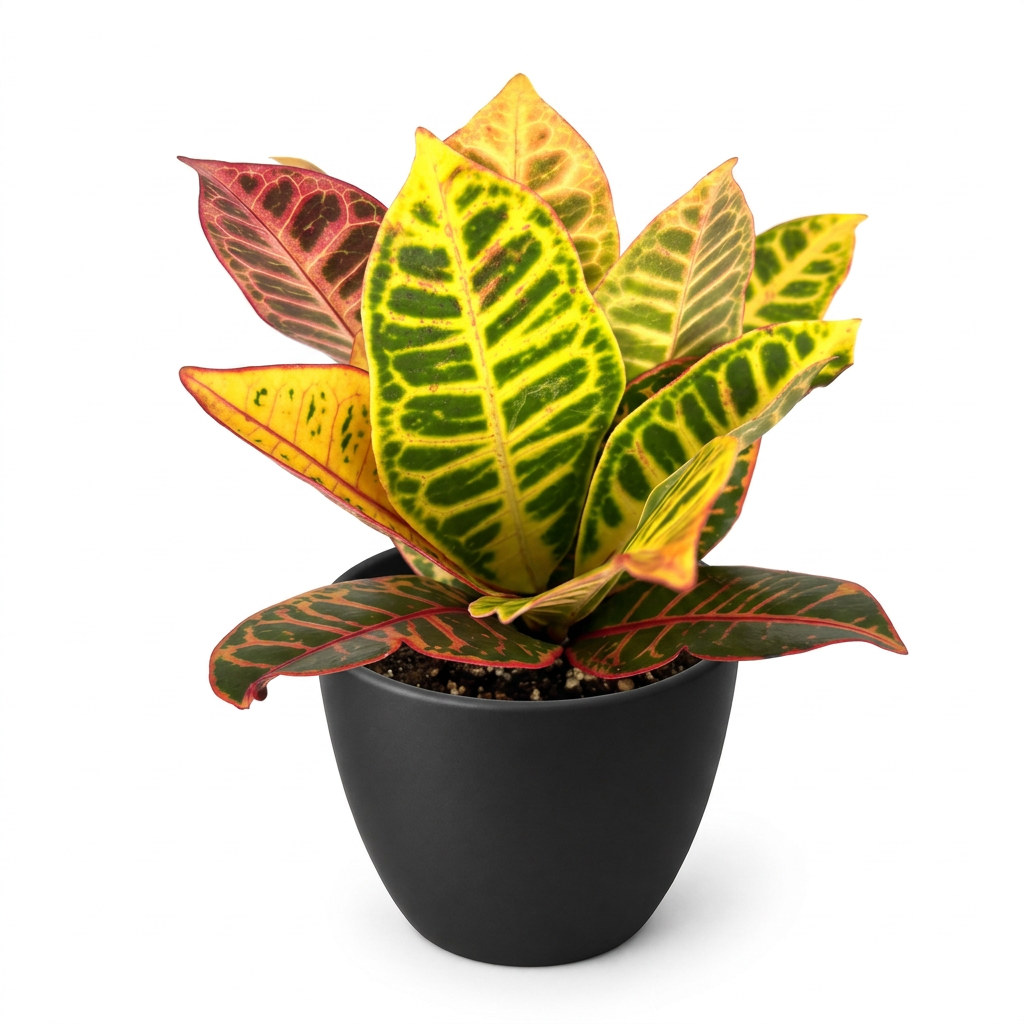 Young Croton Petra styled in a black BASEL 4.7-inch planter on a studio background; planter sold separately, plant ships in a 4-inch nursery grow pot