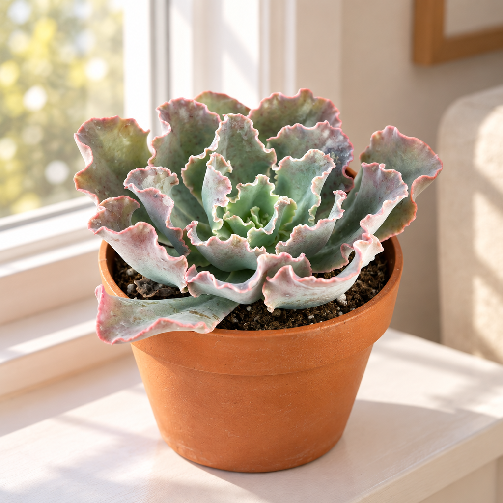 Echeveria Blue Curls in a terracotta pot on a sunny indoor windowsill