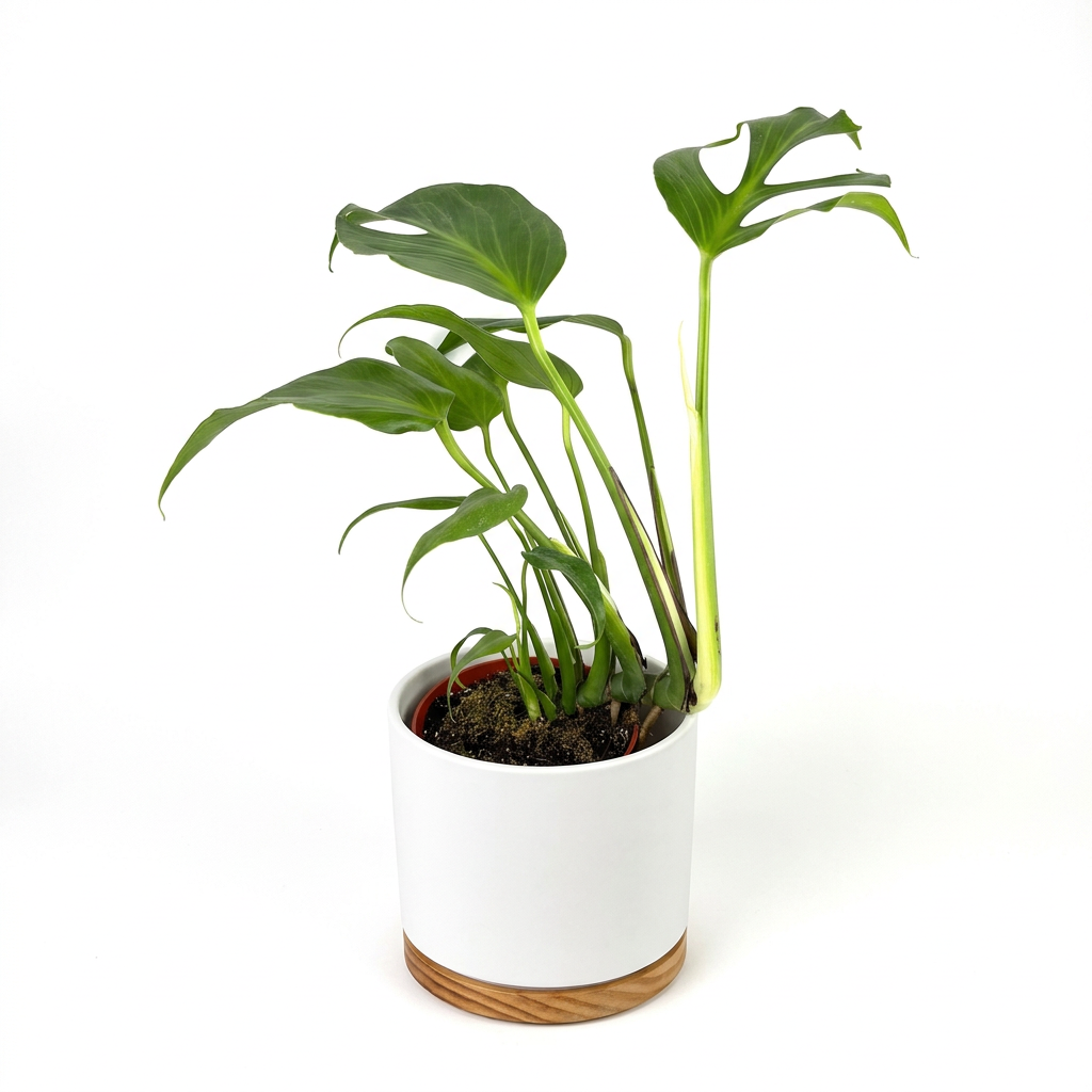 Monstera Burle Marx Flame styled in a white OSLO planter on white; decorative planter sold separately