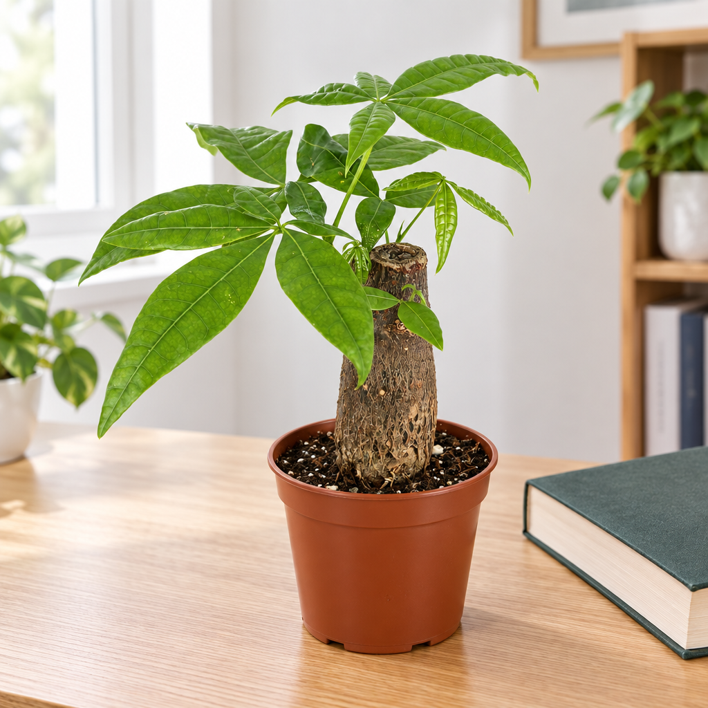 Compact Money Tree Pachira stump bonsai in nursery pot on indoor tabletop