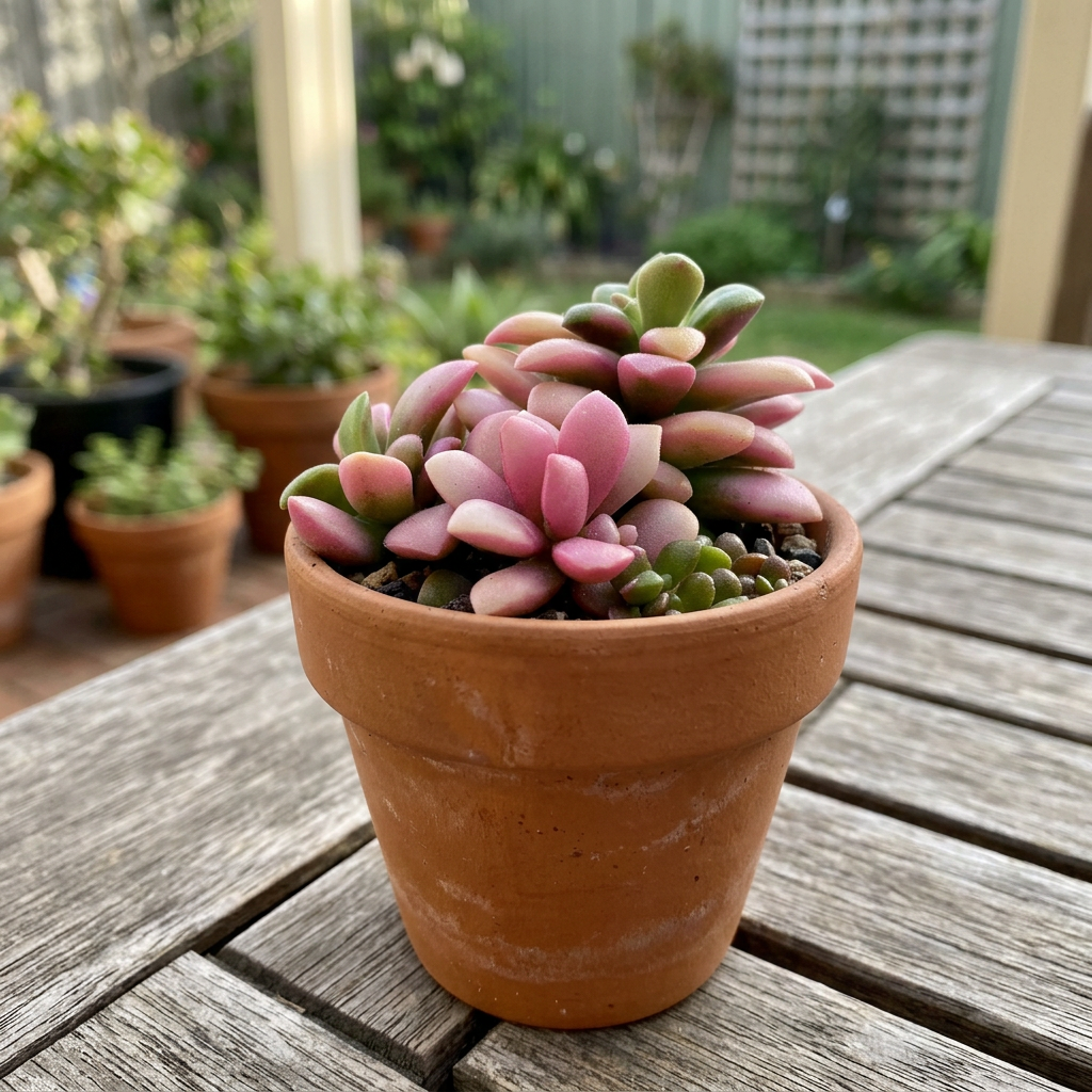 Anacampseros Sunrise styled in a terracotta pot on a sheltered patio table; decorative pot not included