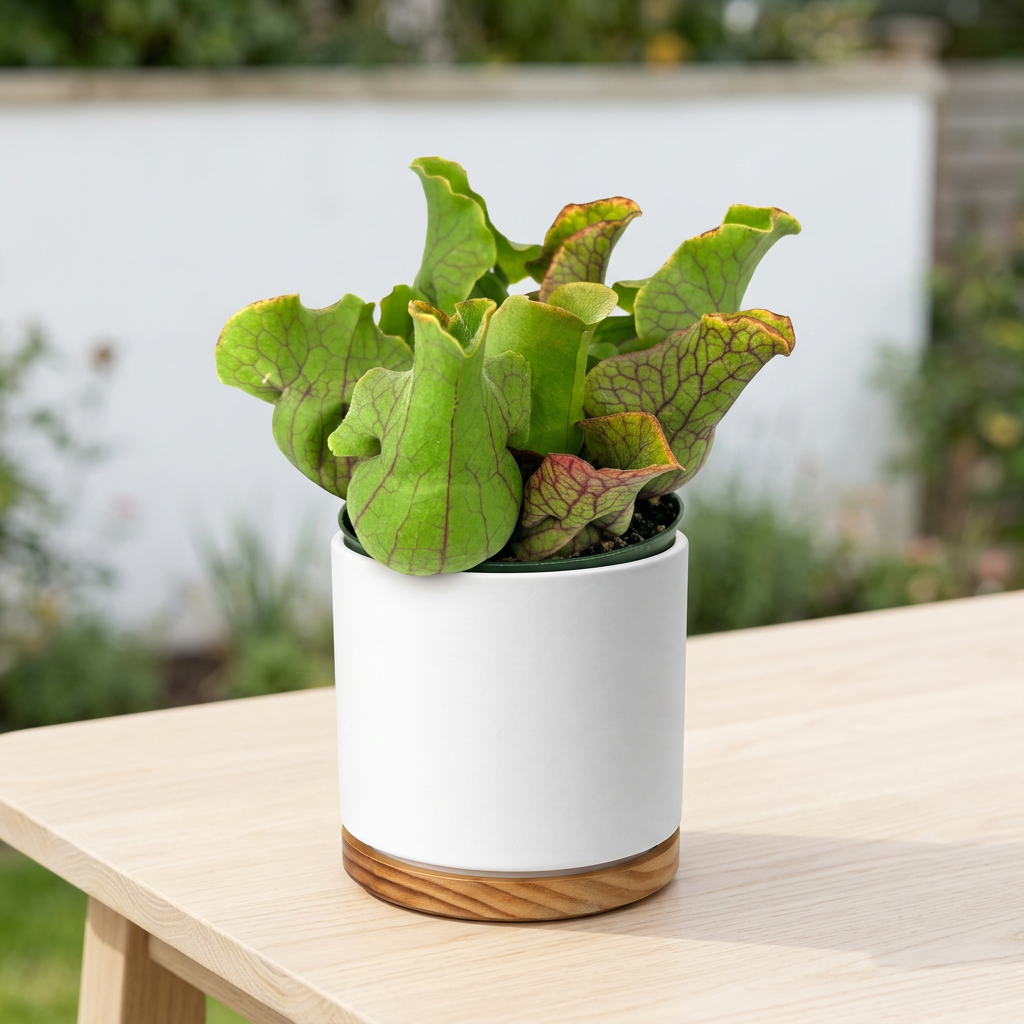 Jumbo Sarracenia pitcher plant styled on a bright outdoor patio in a white OSLO cover planter with wood-grain base; decorative planter sold separately