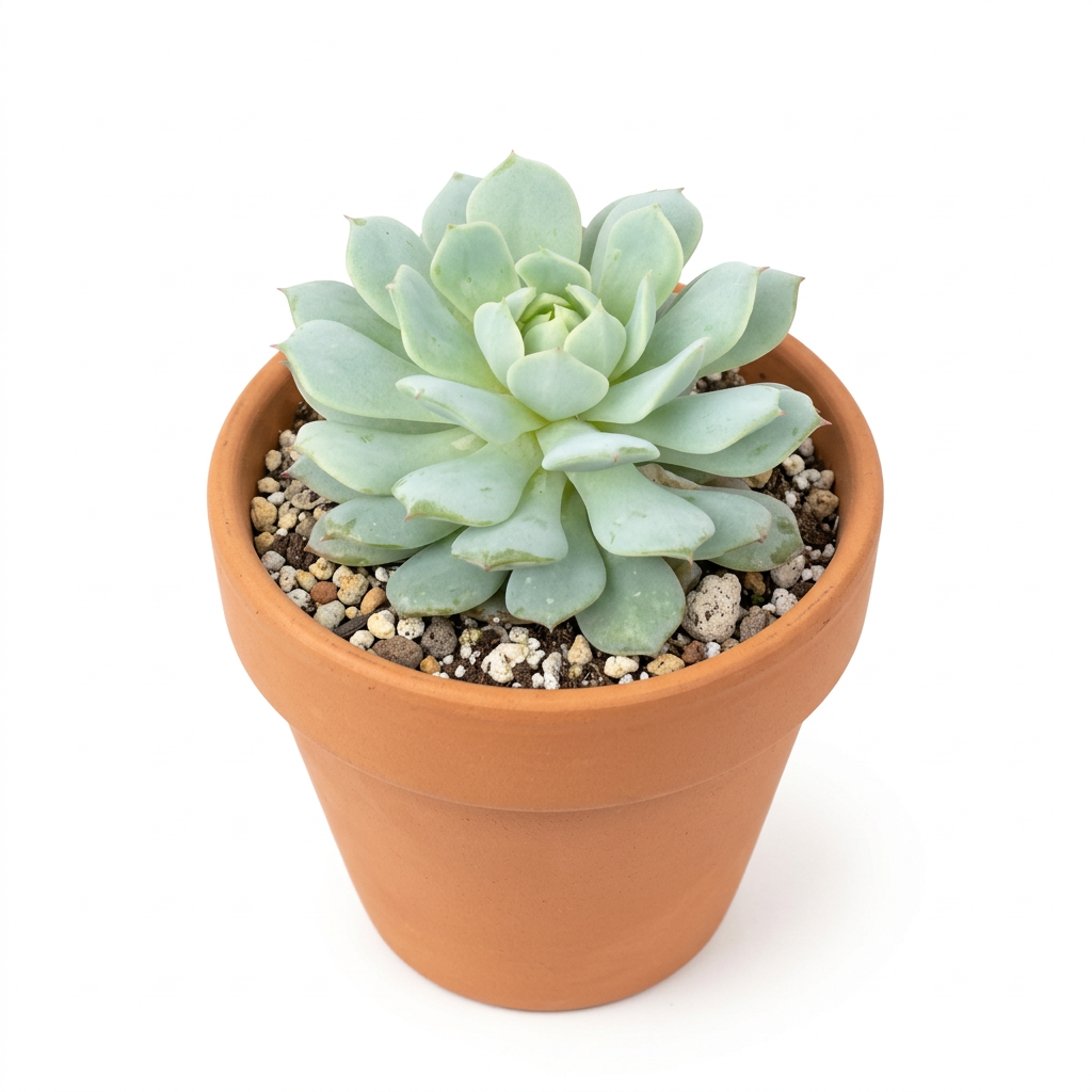 Echeveria Painted Lady styled in a terracotta pot on a white studio background; decorative pot sold separately.