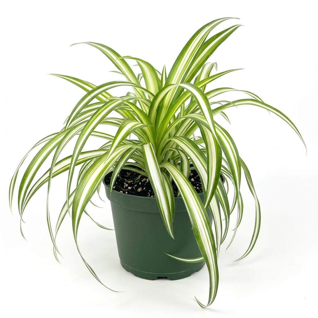 Variegated Spider Plant with arching green-and-white striped leaves in a 6-inch nursery pot on a white background