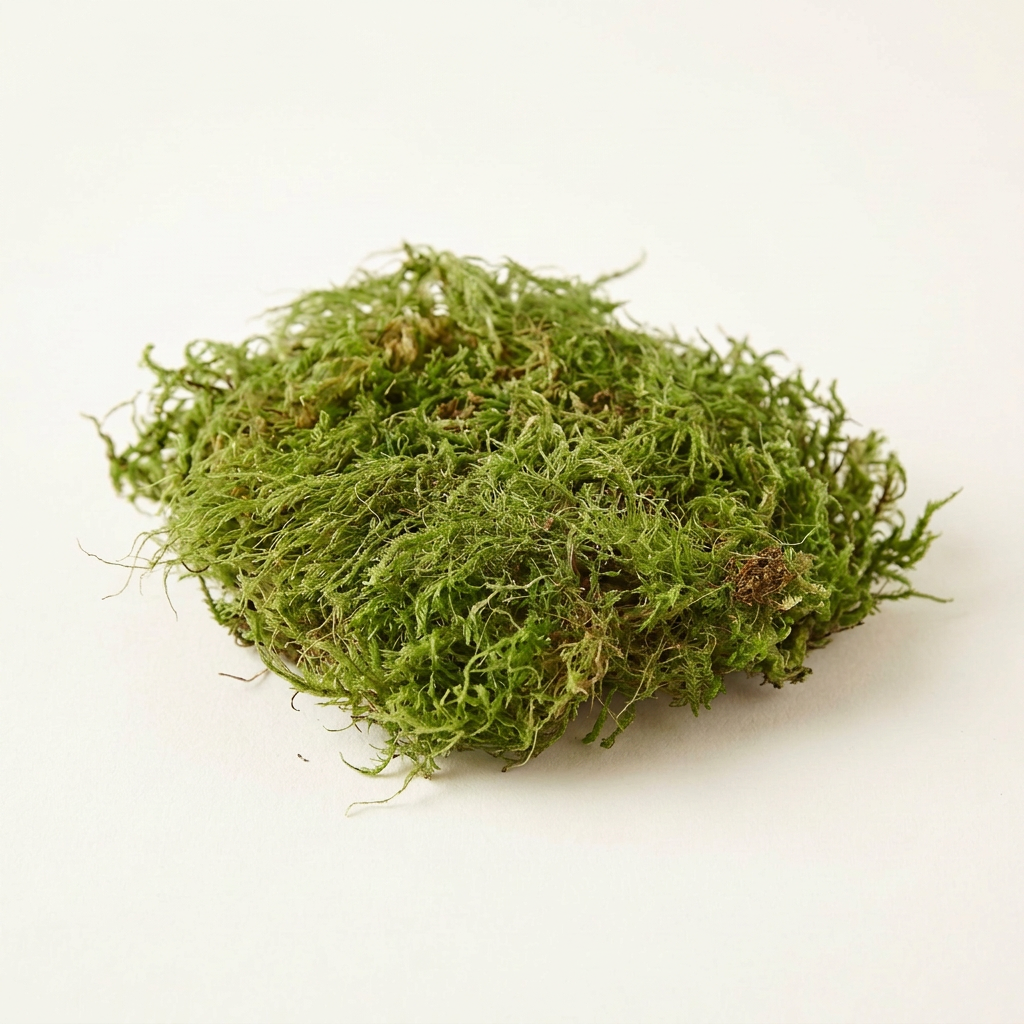 Dried green sheet moss portion showing natural green color, feathery texture, and irregular edges, studio view