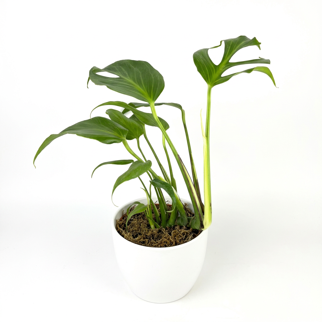 Monstera Burle Marx Flame styled in a white BASEL planter on white; decorative planter sold separately