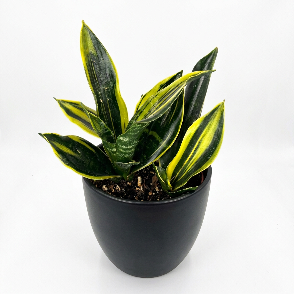 Gold Flame Snake Plant styled in a black BASEL decorative planter on a plain white background, planter sold separately