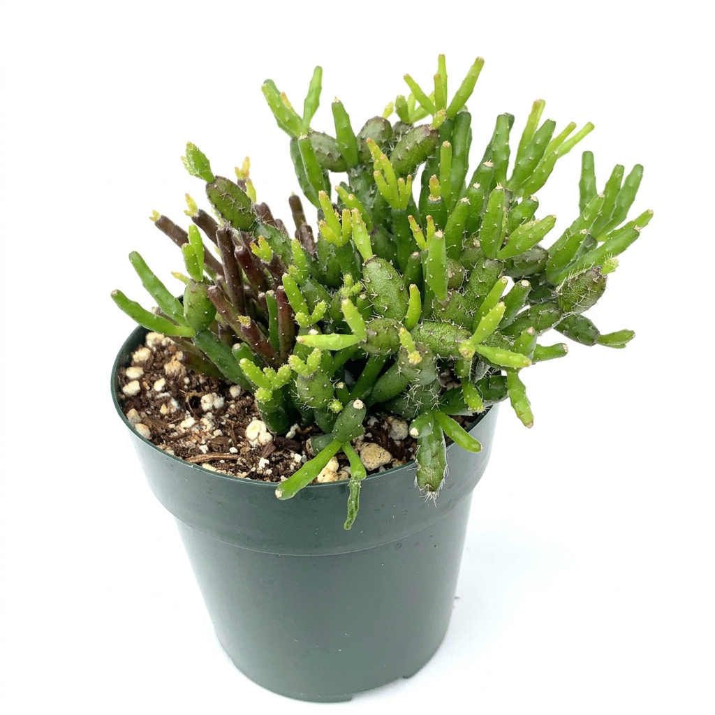 Dancing Bones Cactus with branching jointed green stems in a nursery pot on a bright white background