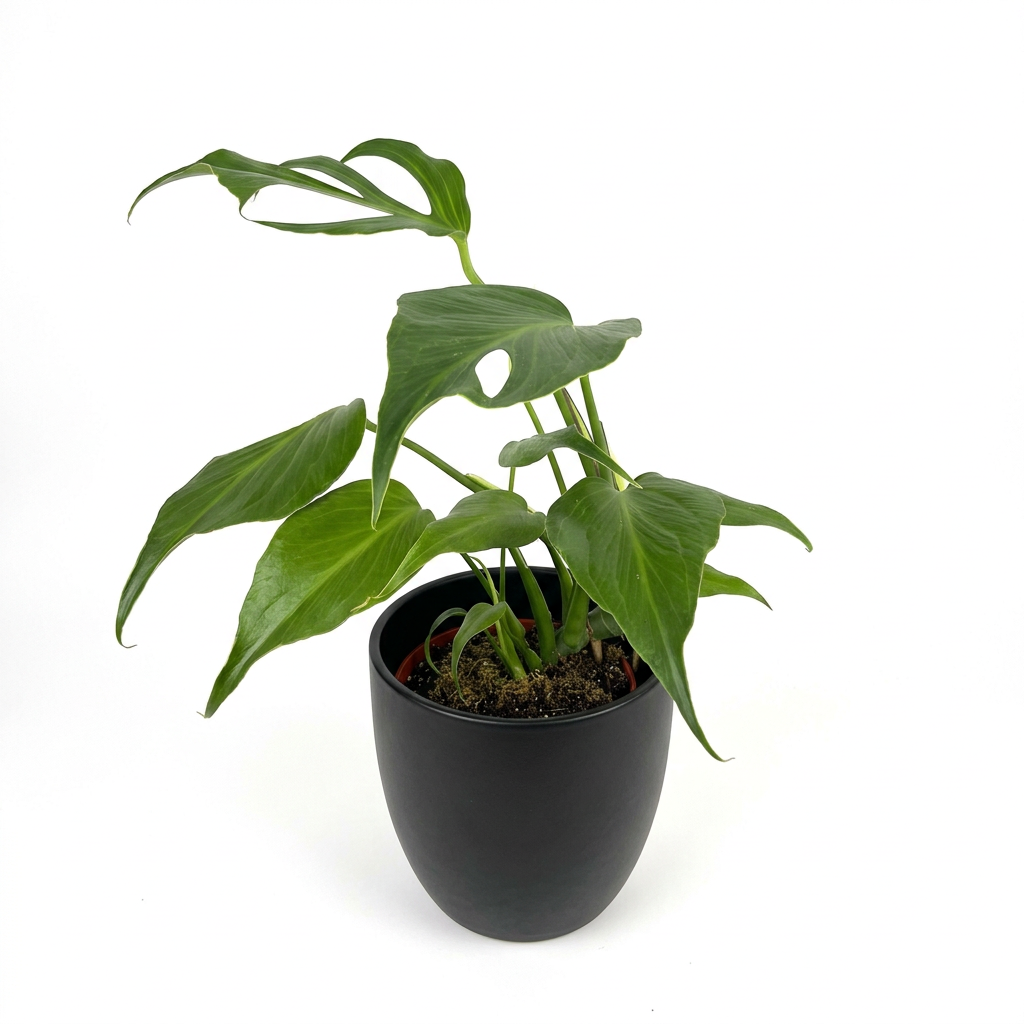 Monstera Burle Marx Flame styled in a black BASEL planter on white; decorative planter sold separately