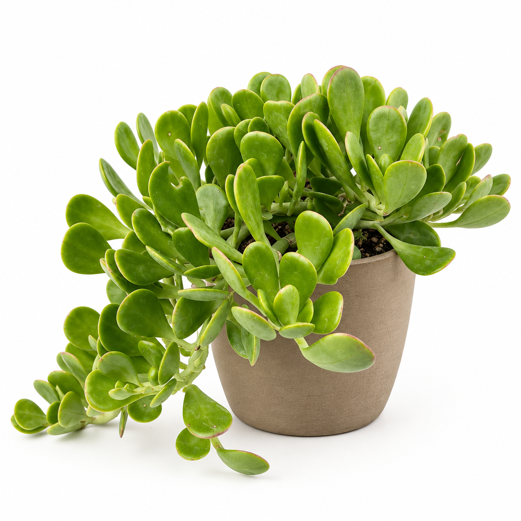 Purple Trailing Jade planted directly in a taupe clay pot with trailing oval green leaves