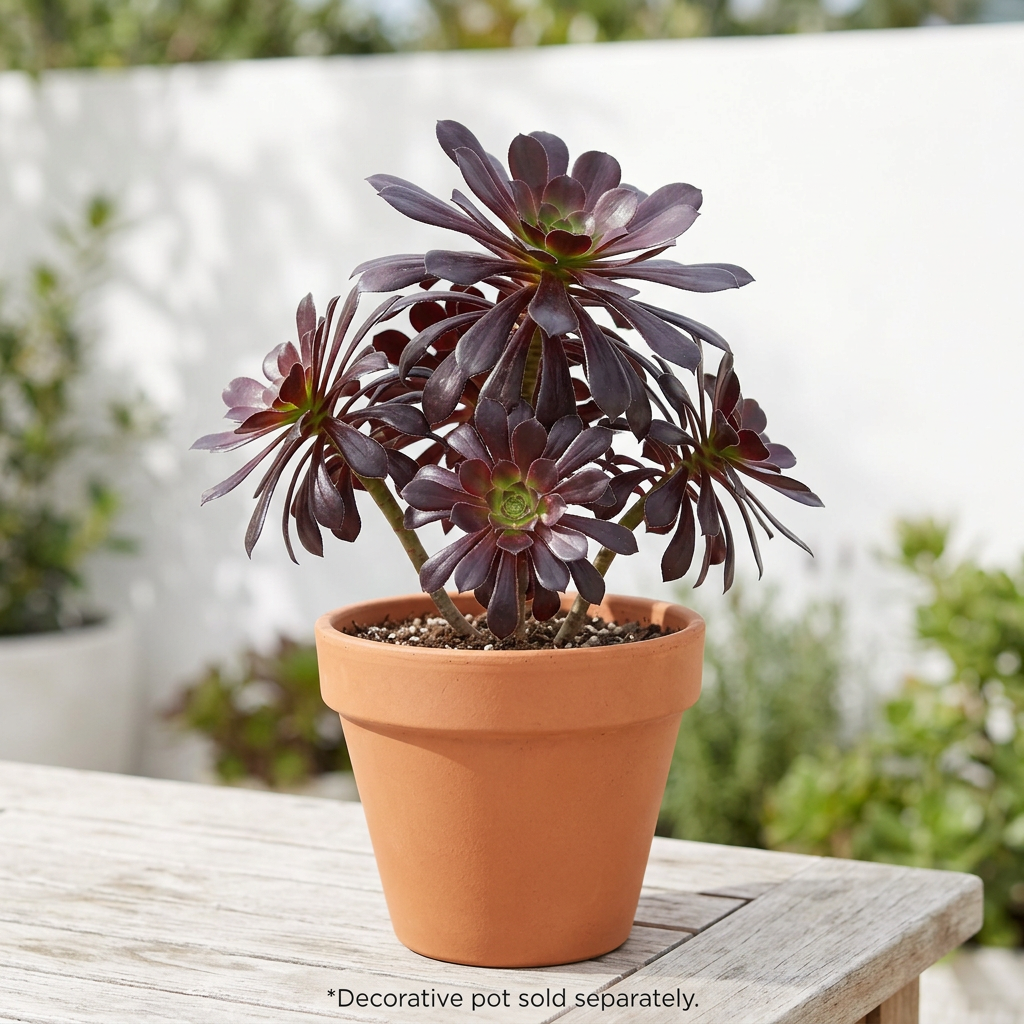 Aeonium Zwartkop Black Rose styled on a bright outdoor patio in a terracotta pot; decorative pot sold separately