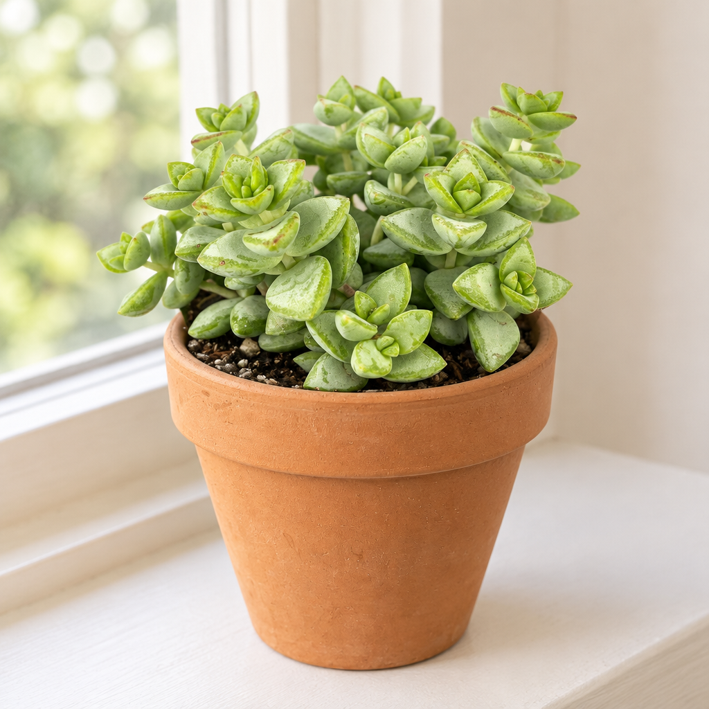 Rosary Succulent (Crassula rupestris) with clustered lime-green and pale leaves in terracotta on a bright windowsill