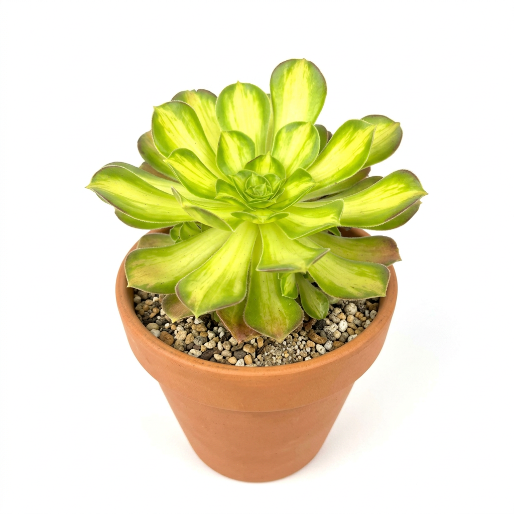 Aeonium Lemon Lime styled in a terracotta pot against a white studio background; decorative pot sold separately