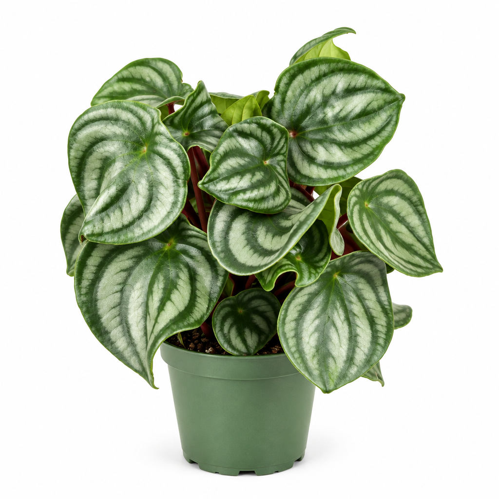 Watermelon Peperomia with green and silver striped leaves in a nursery pot on a white background