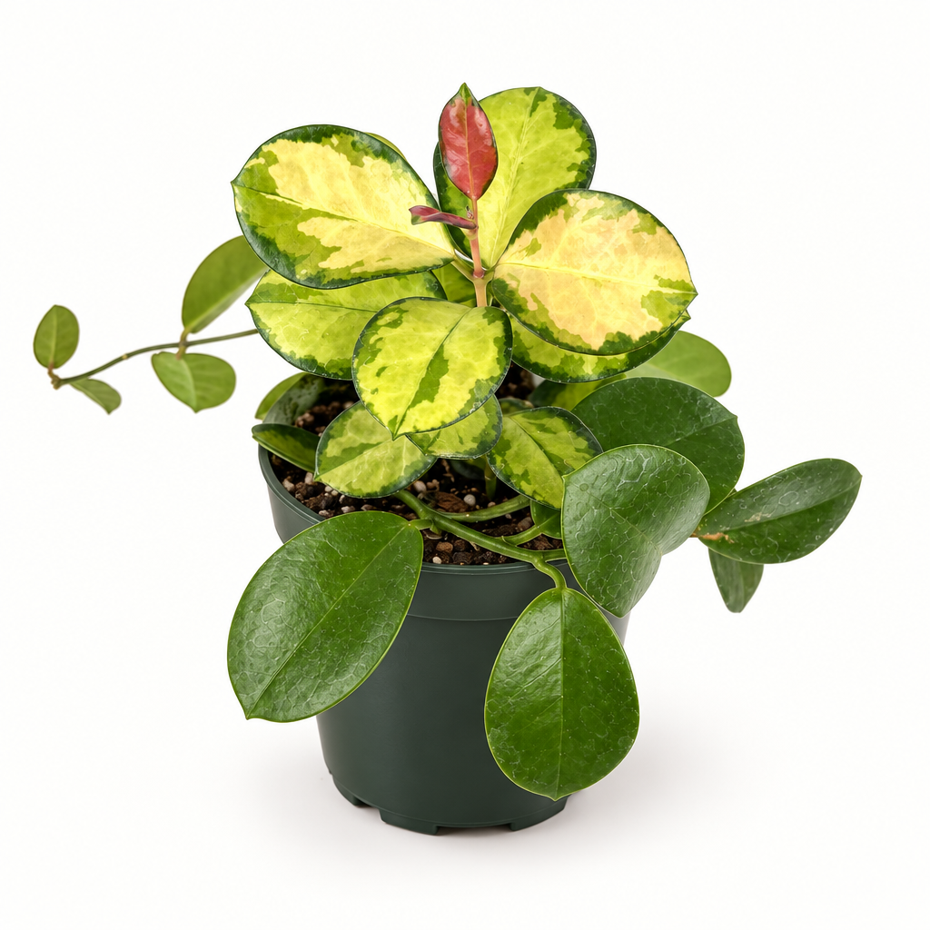 Variegated Hoya australis Lisa in a 4-inch nursery grow pot on a white studio background