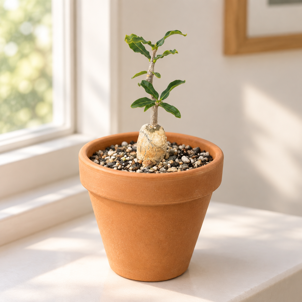 Fockea crispa succulent with exposed caudex in warm orange terracotta on a bright indoor windowsill