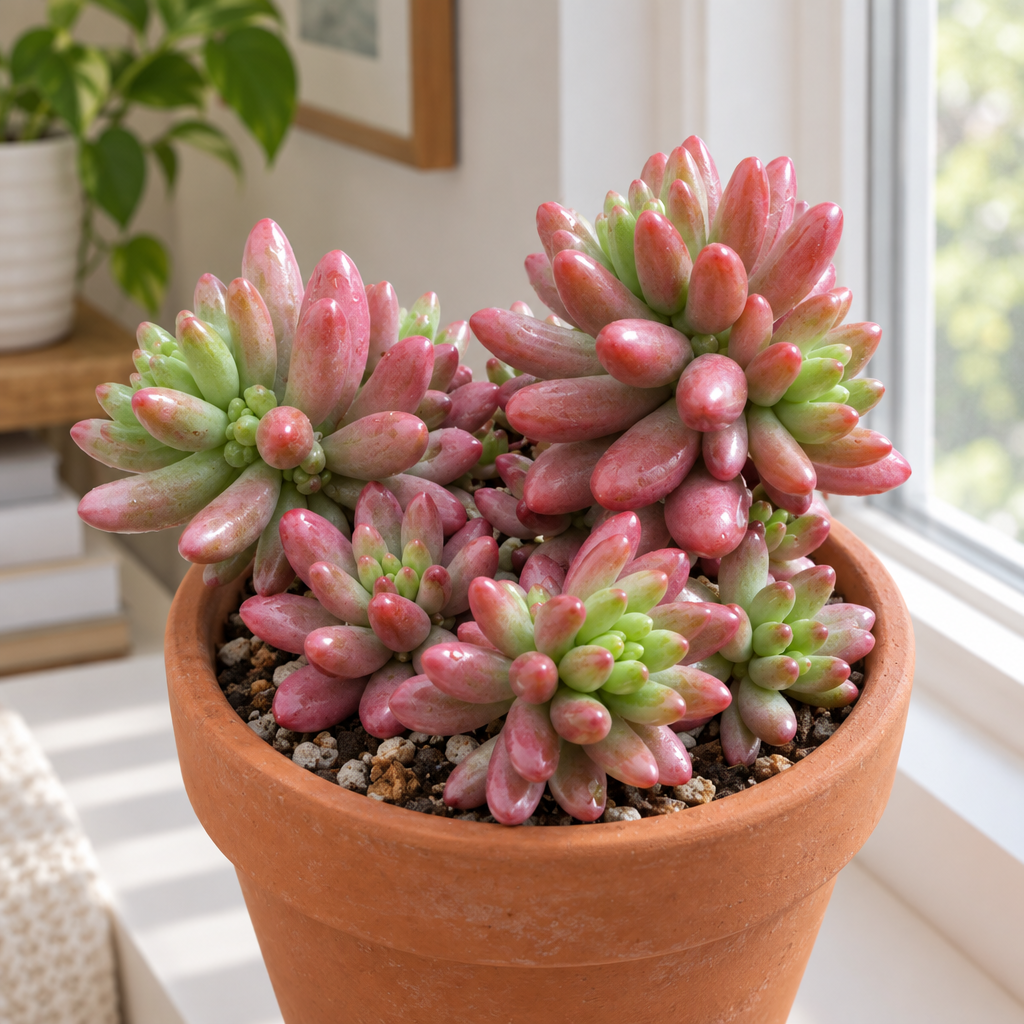 Pink and green Jelly Bean Sedum Aurora in terracotta on an indoor windowsill