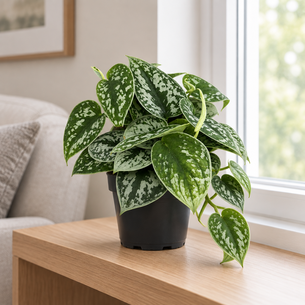 Silver Splash Pothos in a nursery grow pot on an indoor shelf by a window