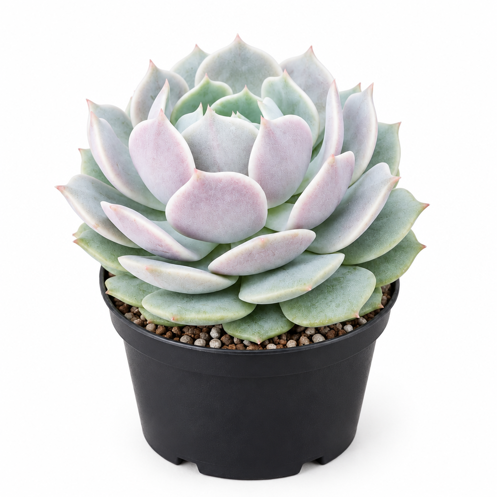 Echeveria Lola succulent with pastel blue-green and pink rosette in a black 4-inch nursery pot on white