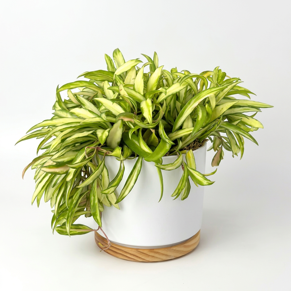 Variegated Hoya Wayetii styled in a white OSLO 6-inch planter with a wood-grain base on white; planter sold separately.
