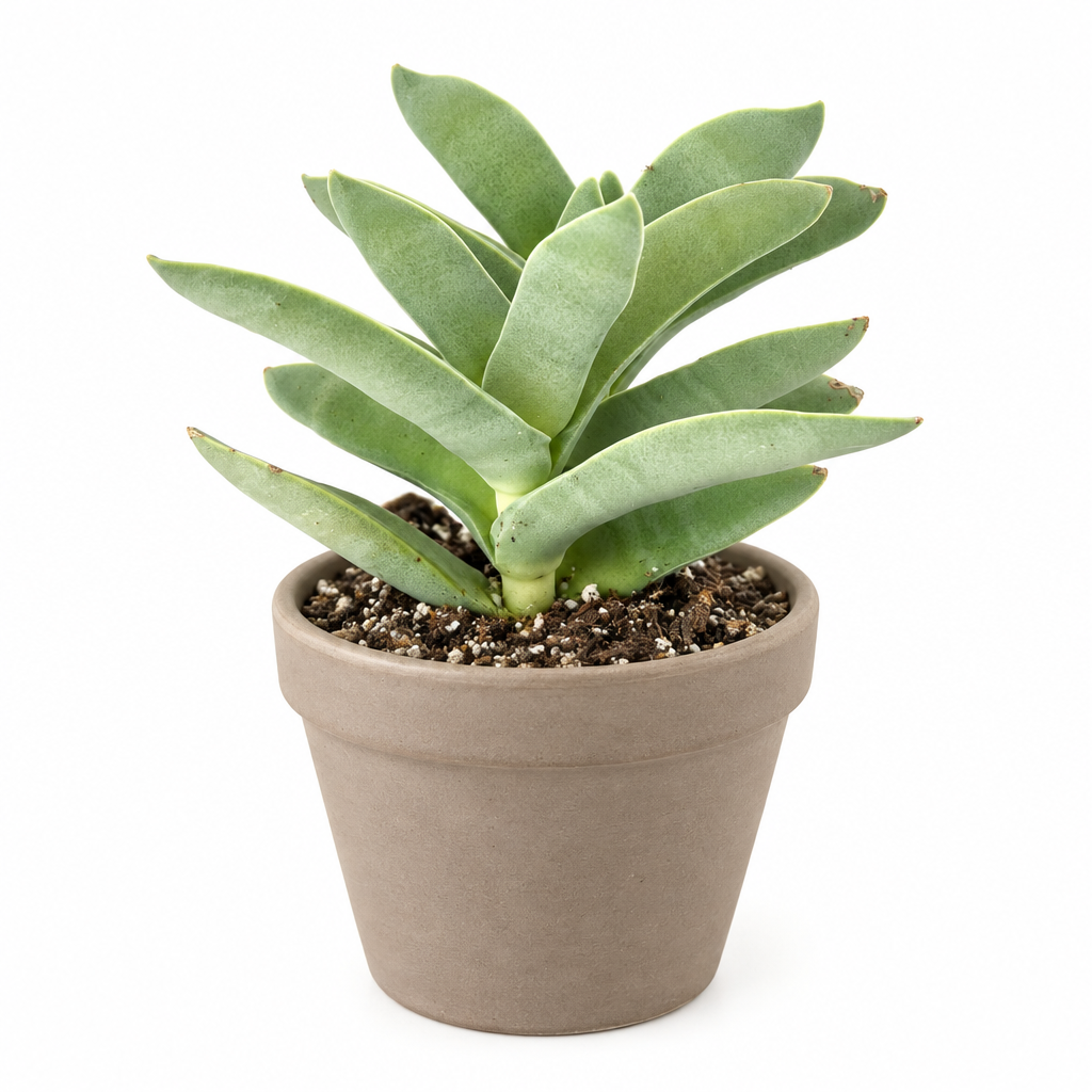 Propeller Succulent in taupe terracotta pot on white; decorative pot not included