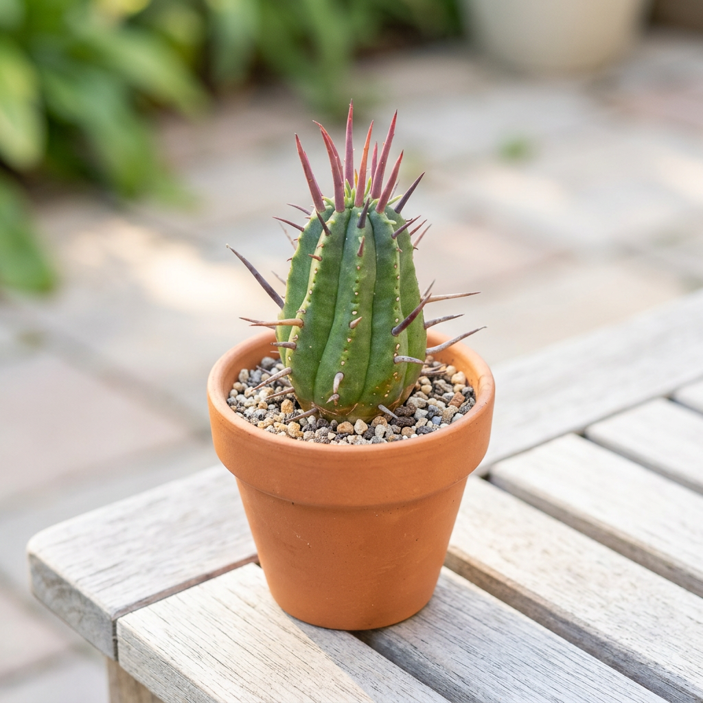 Euphorbia ferox styled in a terracotta pot on an outdoor patio table; decorative pot sold separately.
