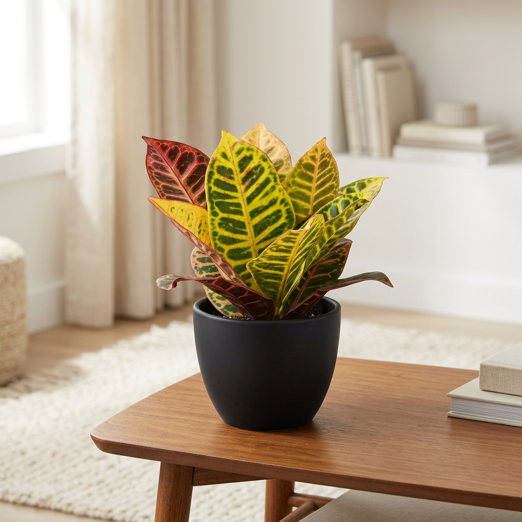 Young Croton Petra styled in a black BASEL 4.7-inch planter on a living-room side table; planter sold separately, plant ships in a 4-inch nursery grow pot, furnishings not included