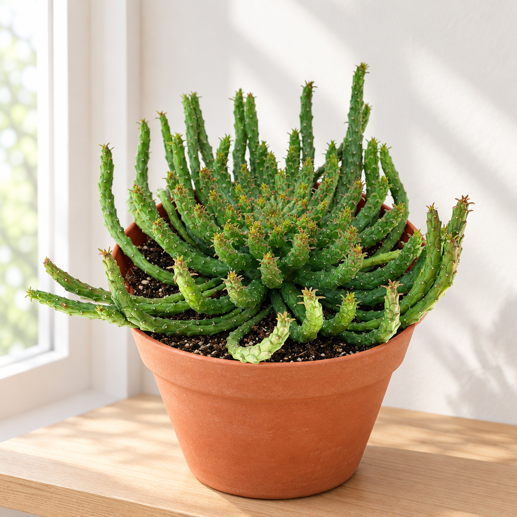 Medusa Head Euphorbia in terracotta on a bright indoor shelf