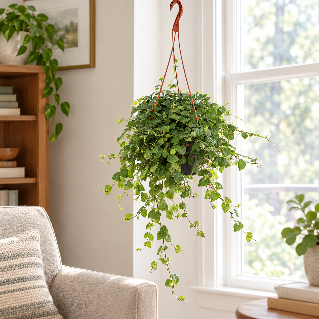 Creeping fig in 6-inch hanging nursery pot styled by a living room window