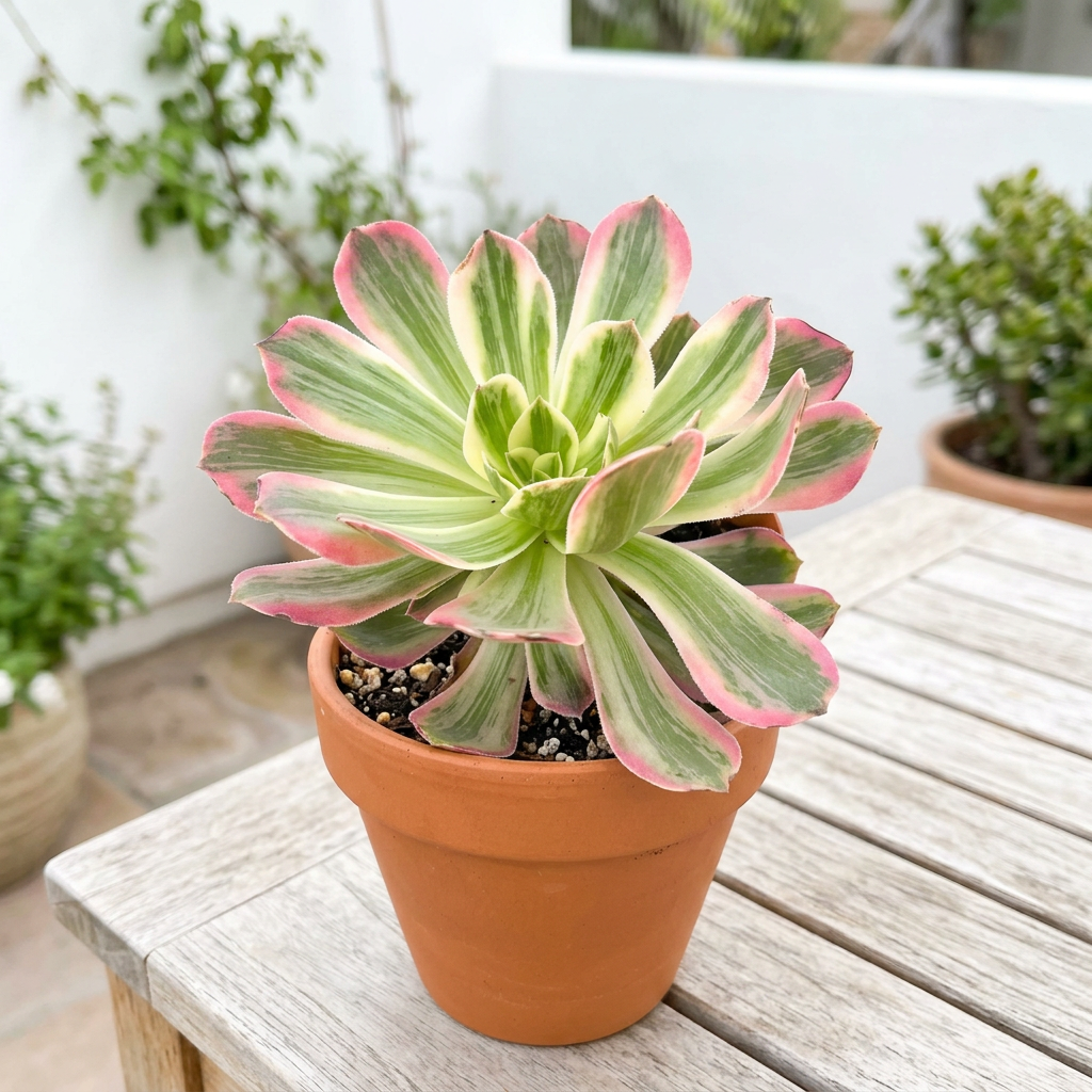 Aeonium Pink Witch styled on a bright outdoor patio in a terracotta pot; decorative pot sold separately