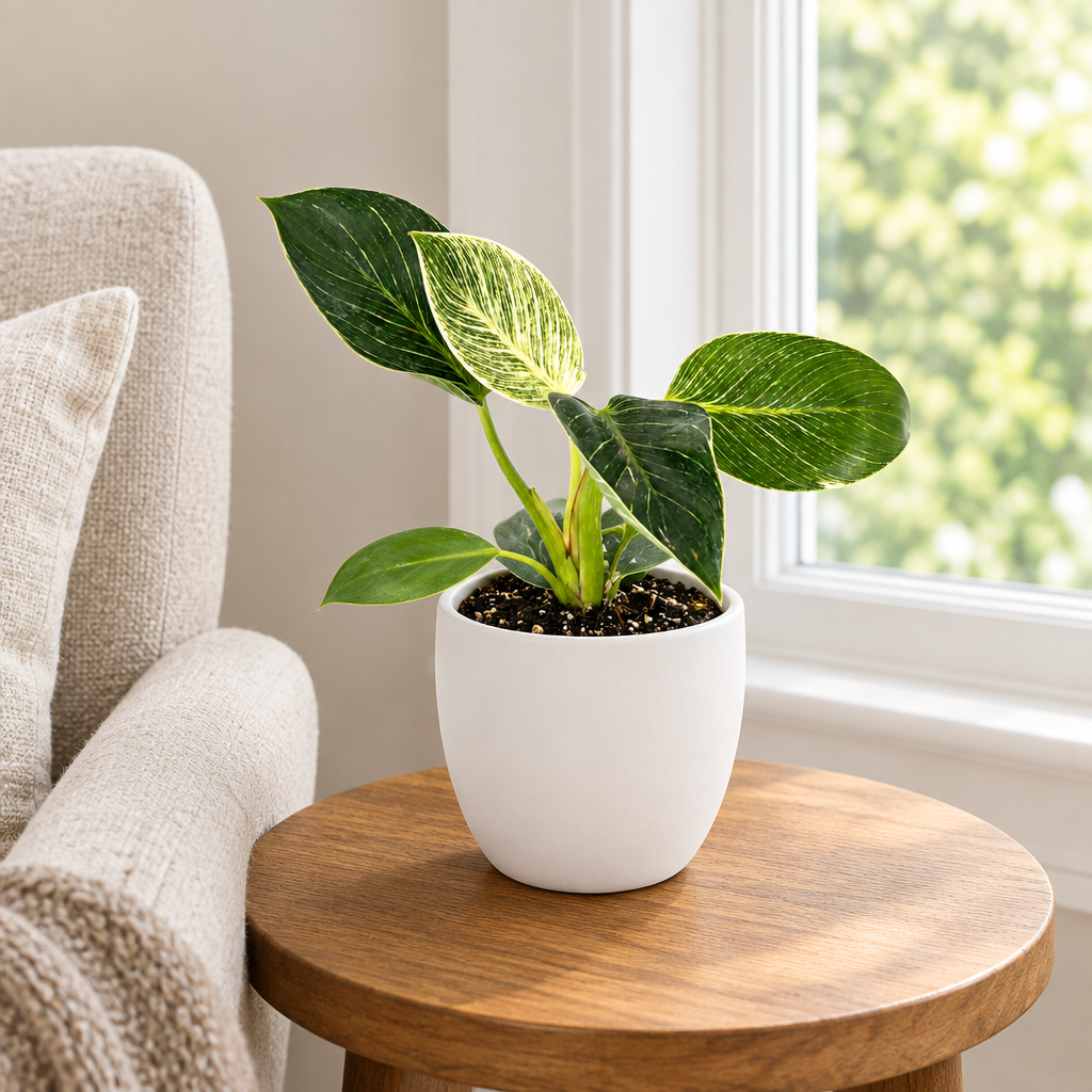 Philodendron Birkin styled in separately sold white Basel planter on living room side table