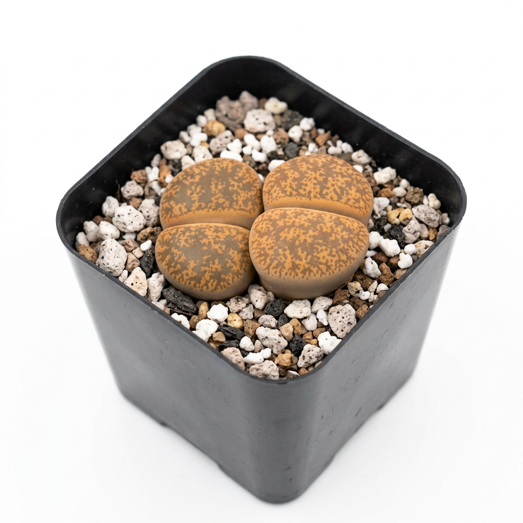 Two-headed Lithops lesliei living stone cluster in a 2-inch nursery pot on a white background
