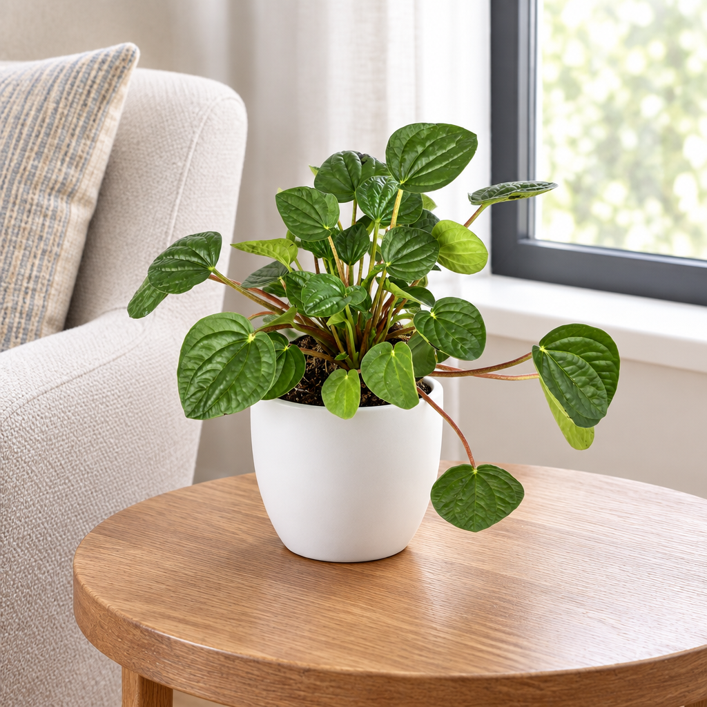 Peperomia Rana Verde styled in separately sold white Basel planter on a living room side table
