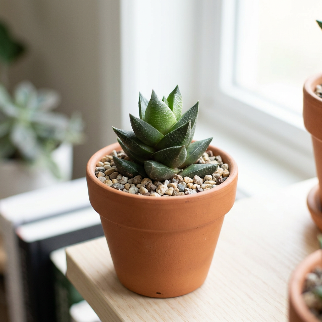 Haworthia resendeana near a bright indoor window in a terracotta pot; pot sold separately