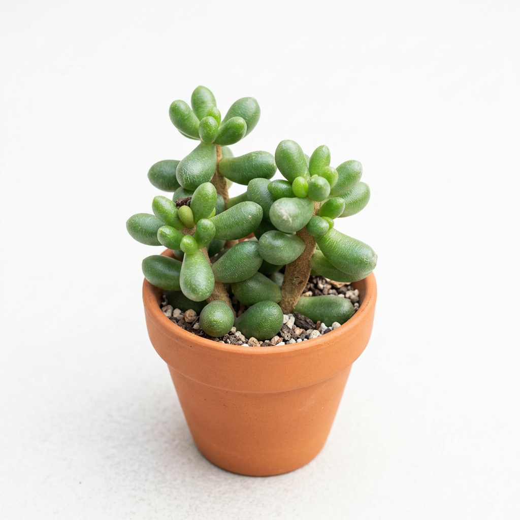 Sedum hernandezii styled in a terracotta pot against a white studio background; decorative pot sold separately