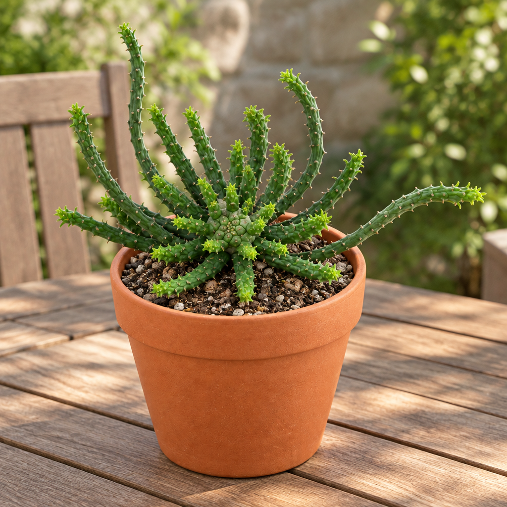 Medusa Head Euphorbia in a regular terracotta pot on a patio table
