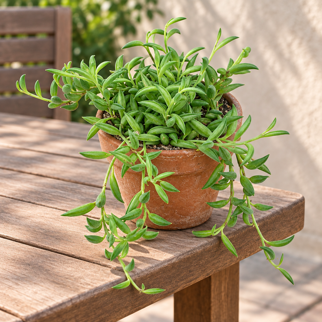 String of Bananas in a terracotta pot on a patio table with trailing vines