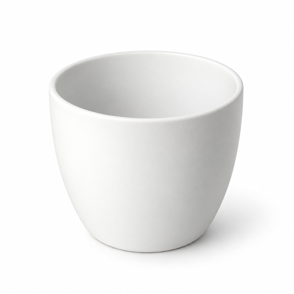 Empty white Basel 6-inch planter with smooth rounded sides on a white studio background; plant not included