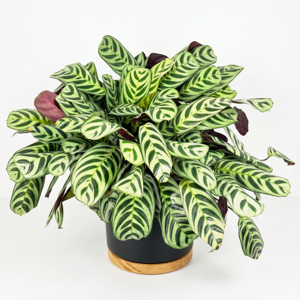 Burle Marx Prayer Plant styled in a black OSLO decorative planter with wooden base, sold separately