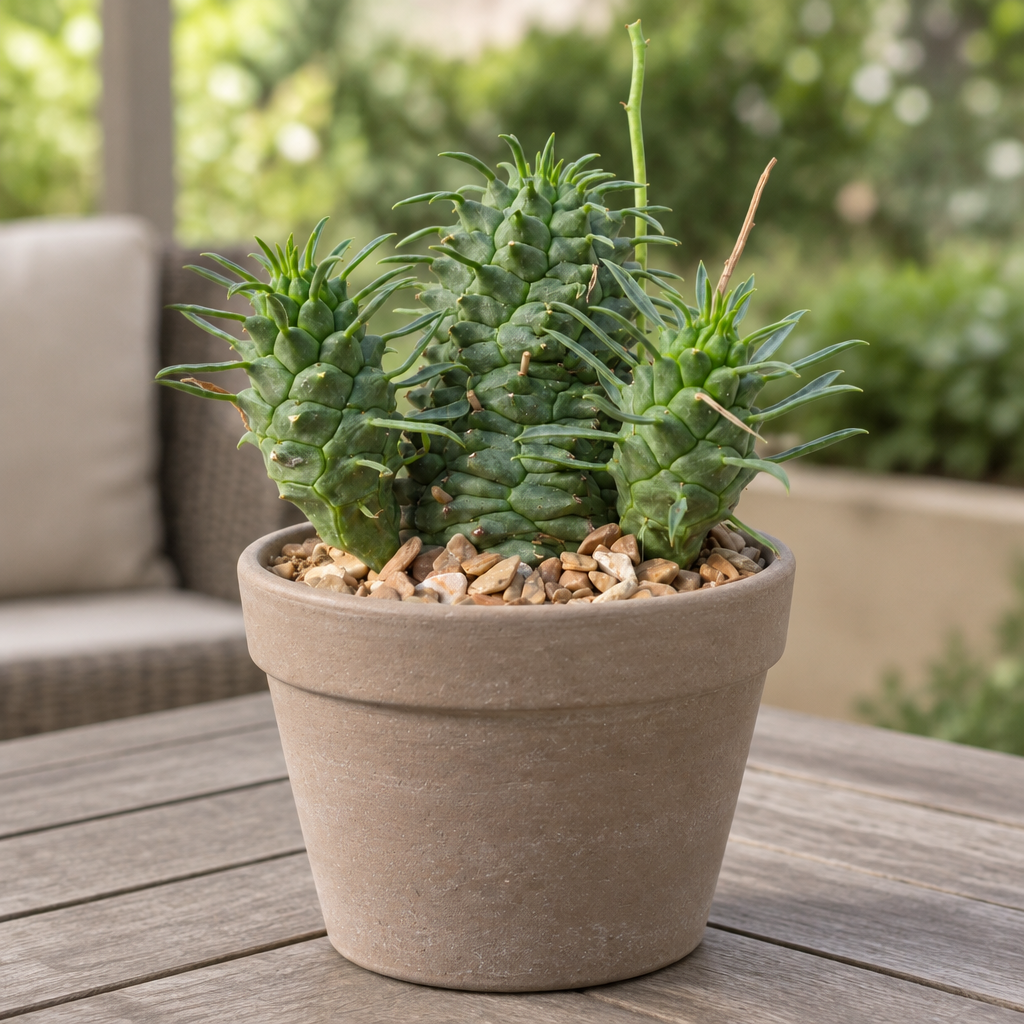 Euphorbia spiralis in a taupe terracotta pot on a shaded patio table