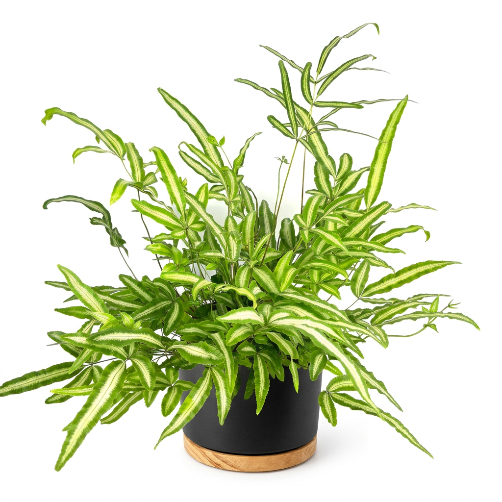 Pteris Albo fern styled in a black OSLO planter against a white background; decorative planter sold separately