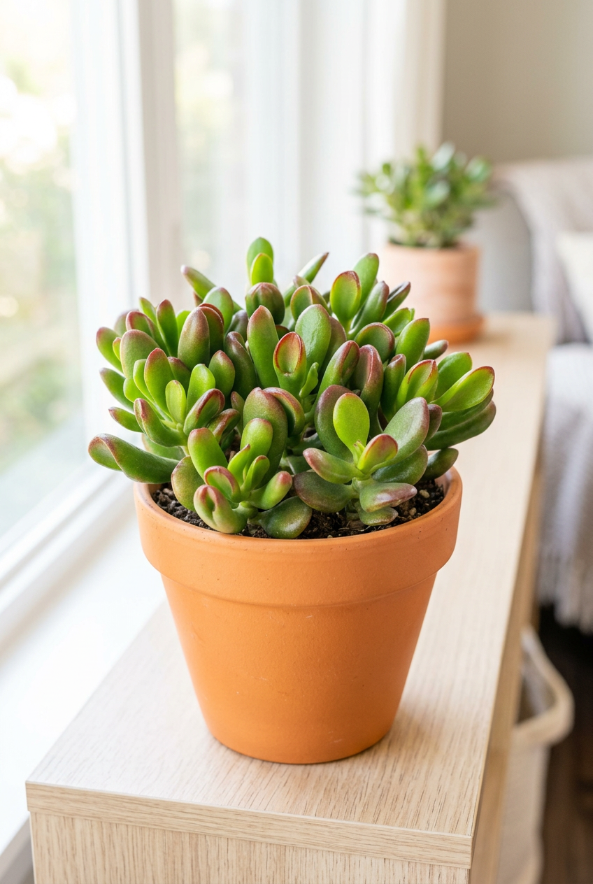 Hobbit Jade styled in terracotta on a light wood console beside a bright indoor window; decorative pot sold separately.