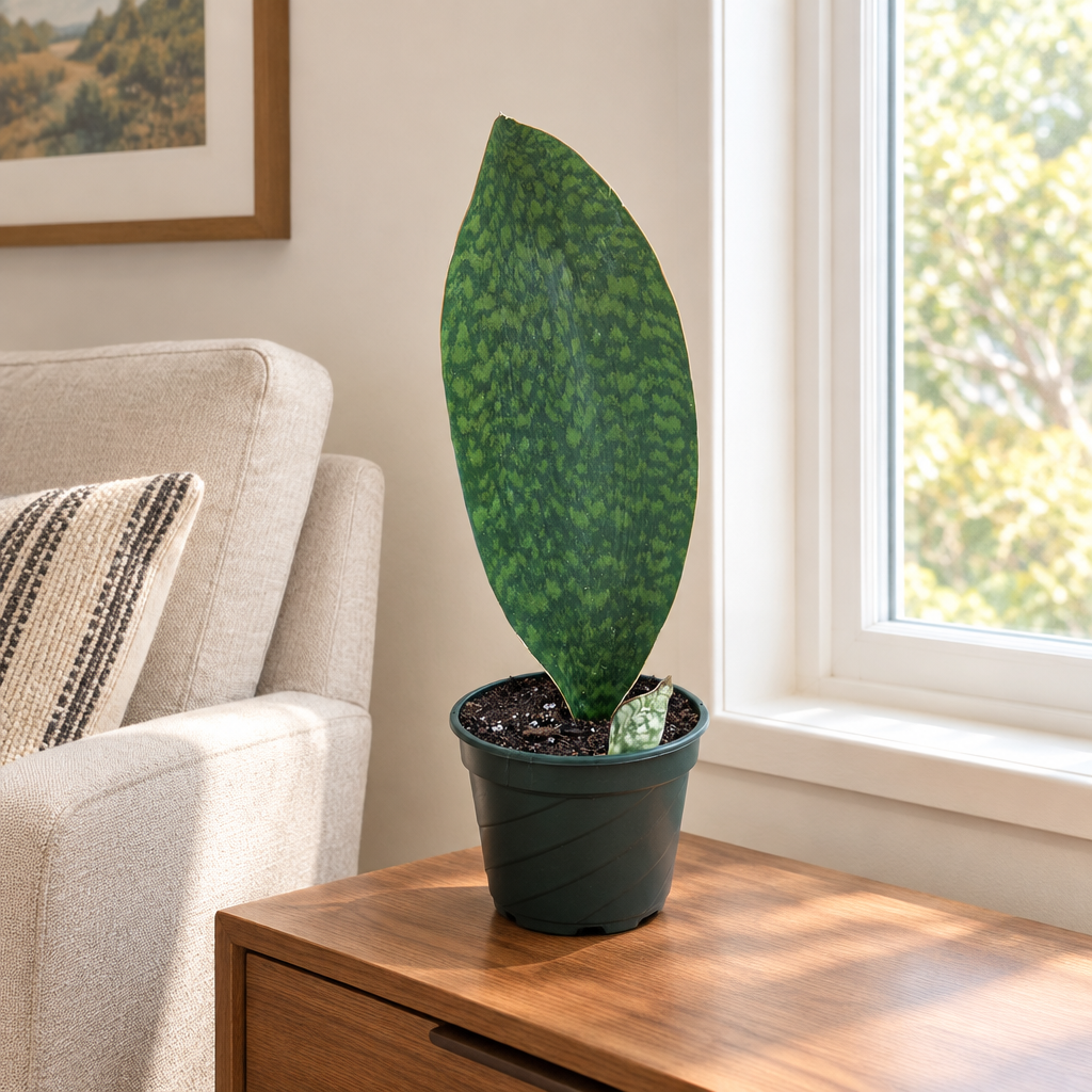 Shark Fin Snake Plant in nursery pot on a living room console beside a window