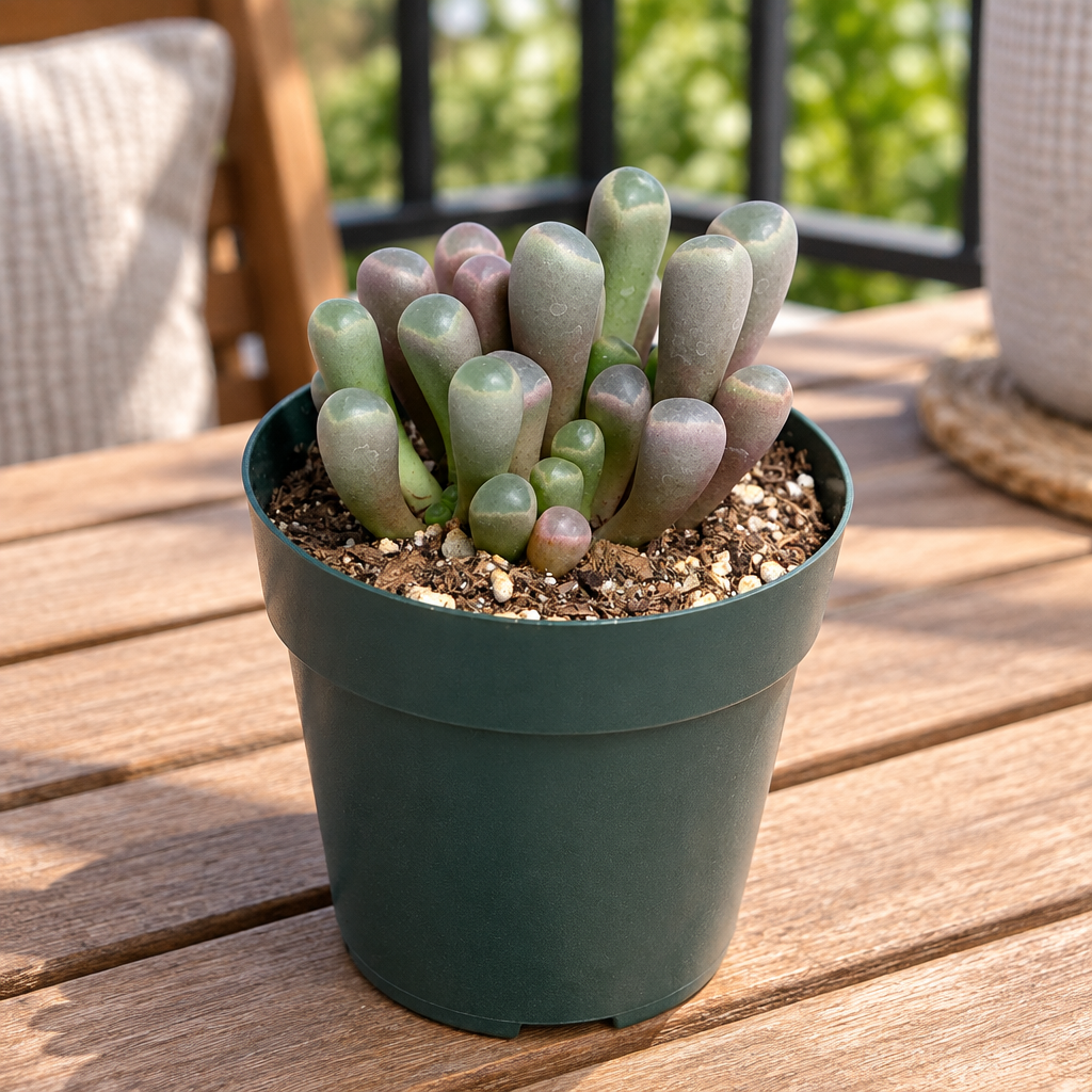 Baby Toes succulent in a nursery pot on a sheltered sunny patio