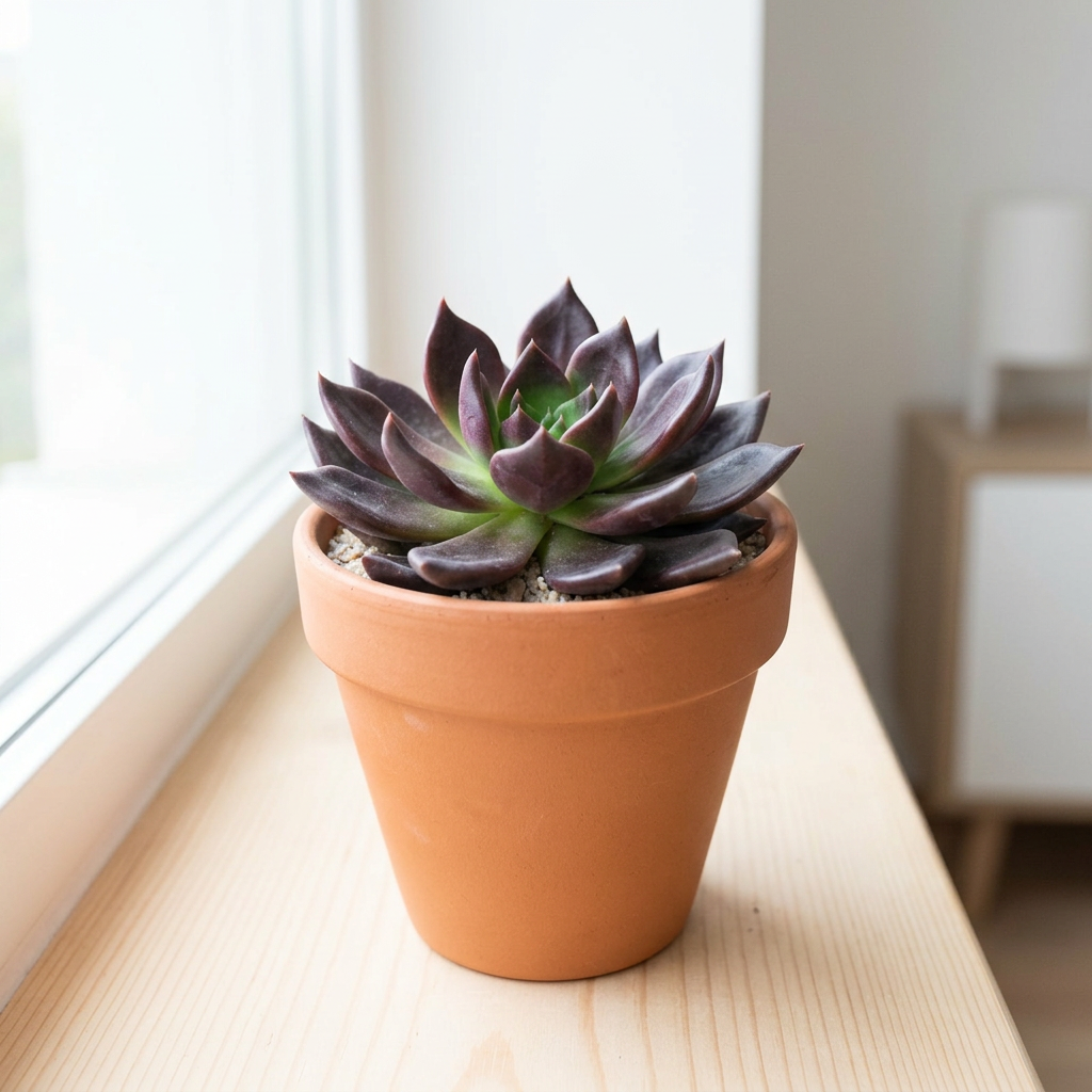 Echeveria Black Prince styled by a bright indoor window in a terracotta pot; decorative pot sold separately