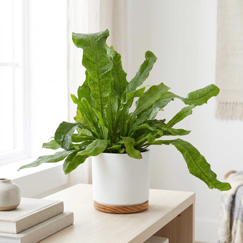 Crocodile Fern near a bright indoor window in a white OSLO planter; decorative planter sold separately