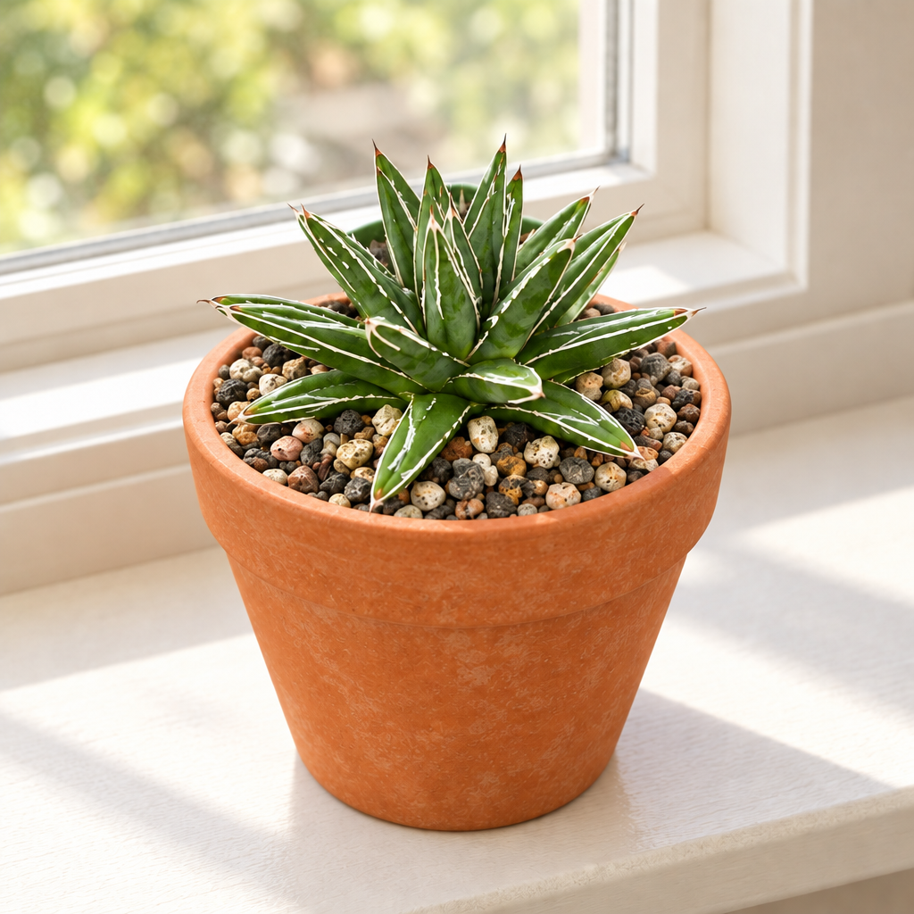 Porcupine Agave in decorative terracotta pot on indoor windowsill; pot not included