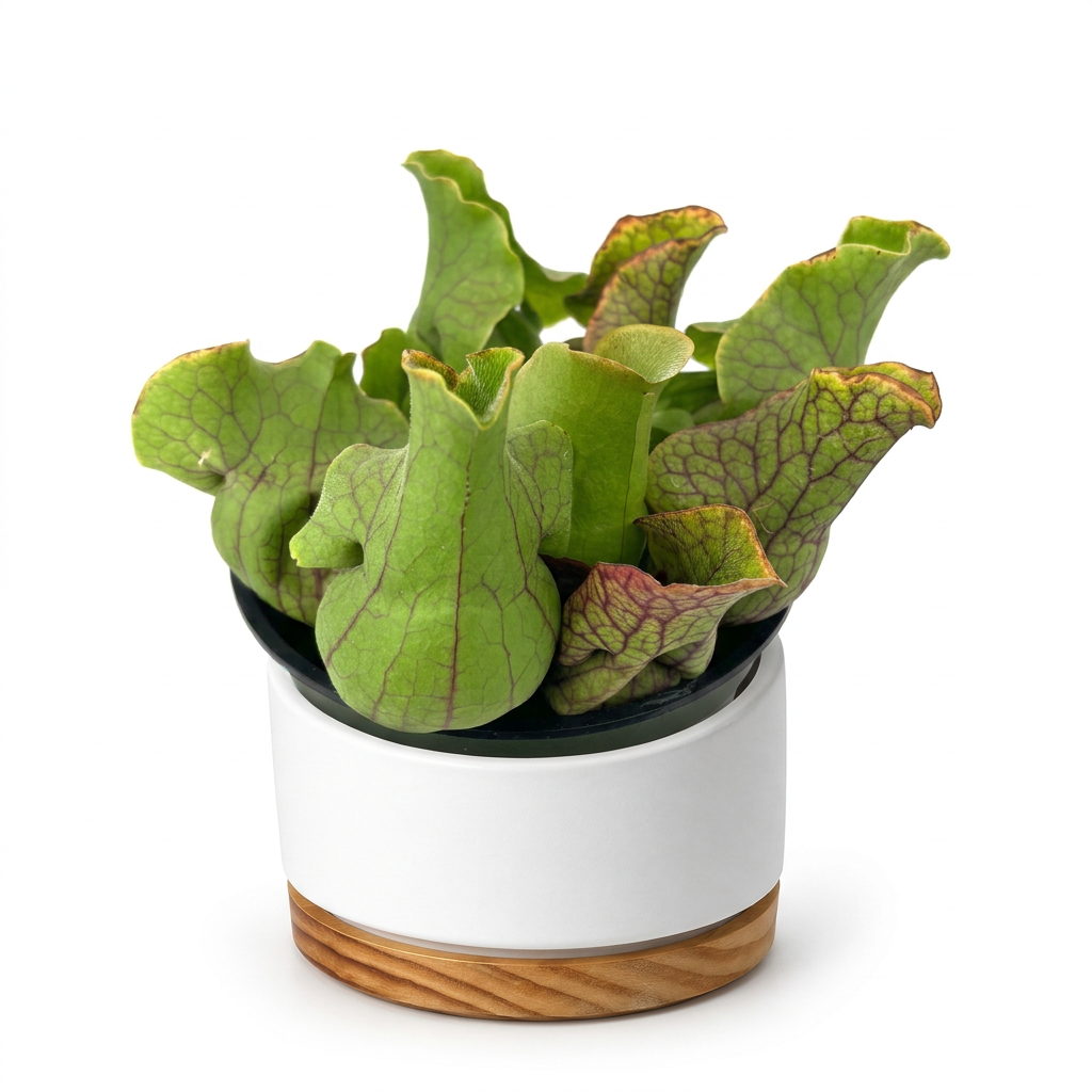 Jumbo Sarracenia pitcher plant styled in a white 6-inch OSLO cover planter with wood-grain base; decorative planter sold separately